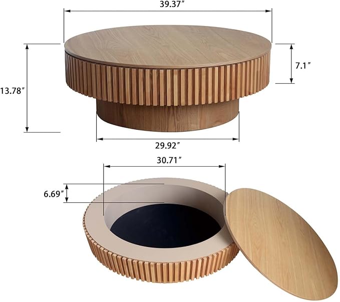 39'' Large Round Coffee Table with Storage, Fluted Coffee Table with Solid Wood Veneered, Mid Century Modern Wooden Center Table, Accent Tea Table for Living Room Apartment, Natural
