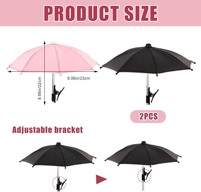 2 PCS Phone Umbrella for Sun Mini Umbrella for Phone with Clip Bracket Used to Shade The Device and Prevent Dizziness Suitable for Beach Pool Outdoor (Black + Pink)