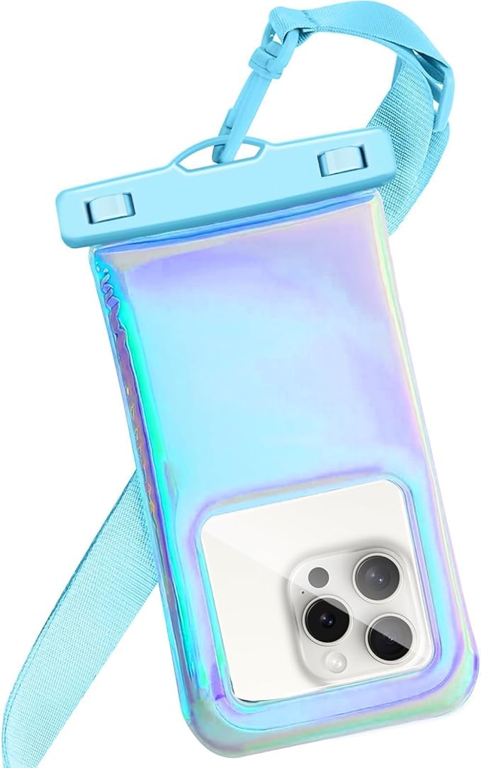 Floatable Waterproof Phone Pouch Case for iPhone 16 Pro Max/15/14/13/12, IP68 Travel Cellphone Waterproof Phone Pouch, Iridescent Blue,1 Pack