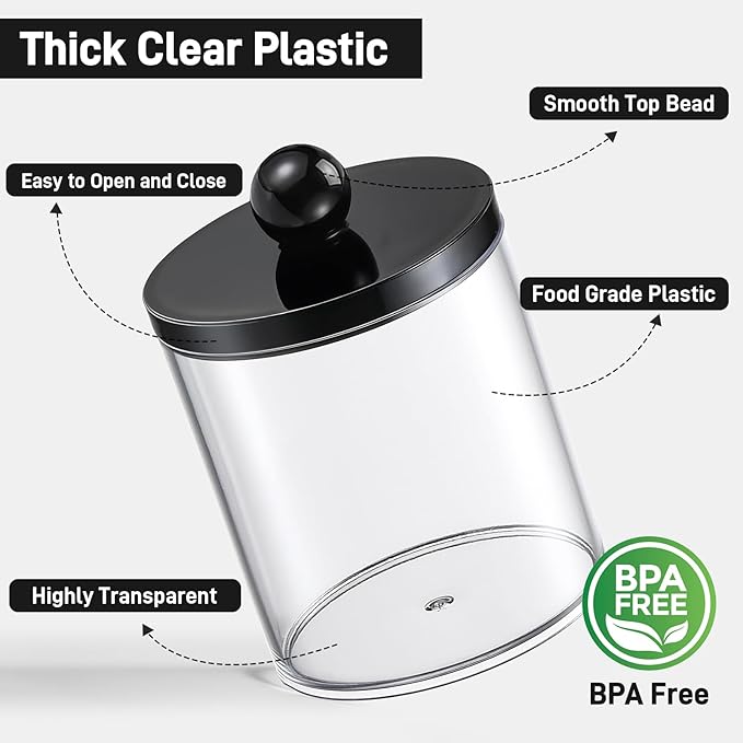 8 Pack Acrylic Qtip Holder Dispenser for Cotton Swabs, Balls, Pads, Floss - Plastic Canister Apothecary Jar Set, Bathroom Essentials Accessories Decor Vanity Makeup Storage Organizer - Clear & Black