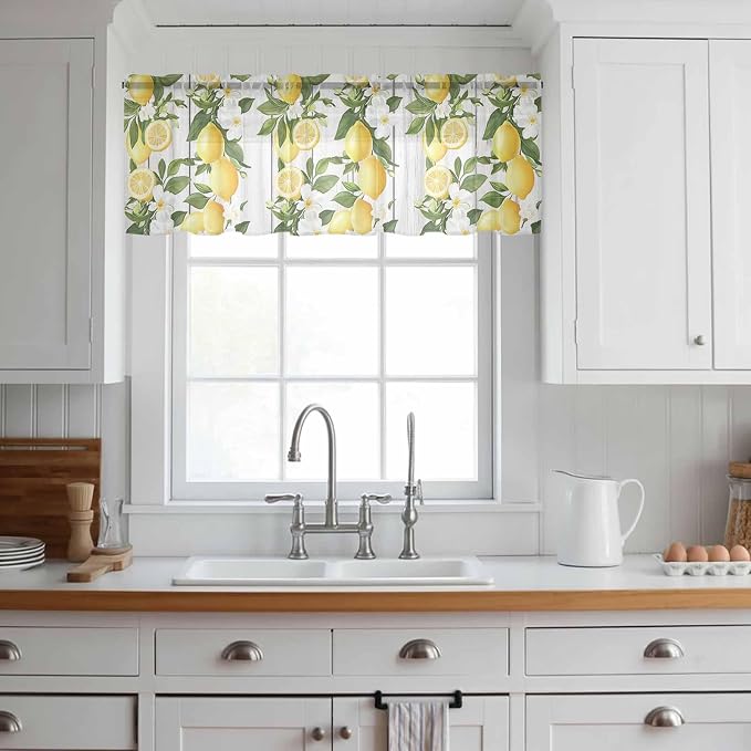 Spring Summer Lemon Sheer Valance Curtains, Leaf Flower White Wood Grain Light