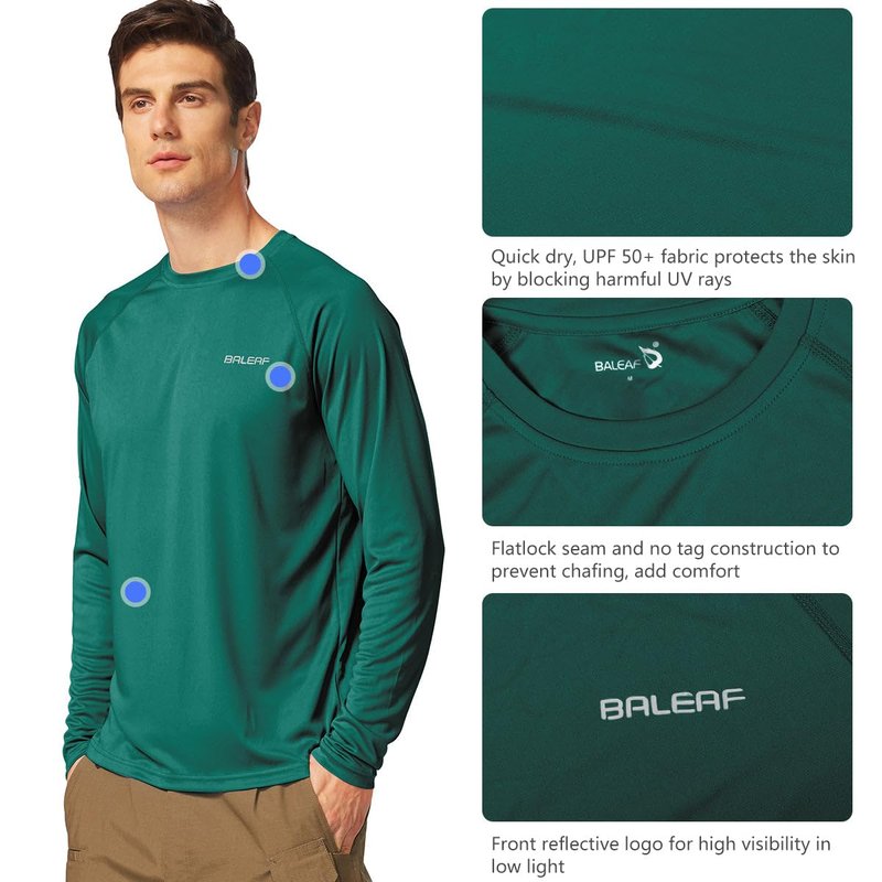 baleaf Mens UPF 50+ Sun Protection Shirts Long Sleeve Rash Guard, Quick Dry 4-Way Stretch for Fishing Swimming Surfing 01-Emerald M