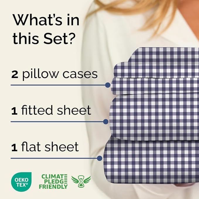 Blue Checkered Sheet Set - 1 Flat & 1 Fitted Sheet & 2 Pillowcases w/ Deep Pockets - Grid, Plaid, Gingham Pattern Bed Set - Comfy, Wrinkle & Fade Resistant - Soft, Breathable and Cooling - Full Size