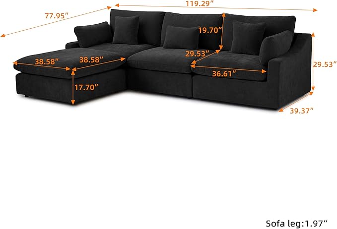 Cloud Modular Sectional Sofa Couch for Livingroom,119inch Down Filled L Shaped Couch with Wide Seat,Convertible Sectional Sofa with Ottoman,Covers Washable&Replaceable,Black