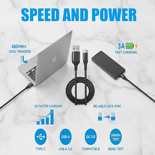 5-Pack USB-A to USB-C Cables – Extra-Long 10 ft (3 m) 3A Fast Charging Braided – Compatible with iPhone 15/16/17 Galaxy S25/S24/S23 Pixel PS5 &amp More