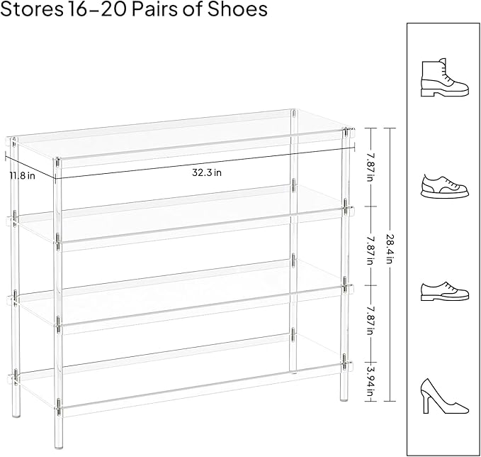Aquiver 4 Tier Acrylic Shoe Rack for Closet - Wide Shoe Rack - Entryway Shoe Organizer for 16-20 Pairs of Shoes, Easy to Clean, 32.3'' L x 11.8'' W x 28.4'' H