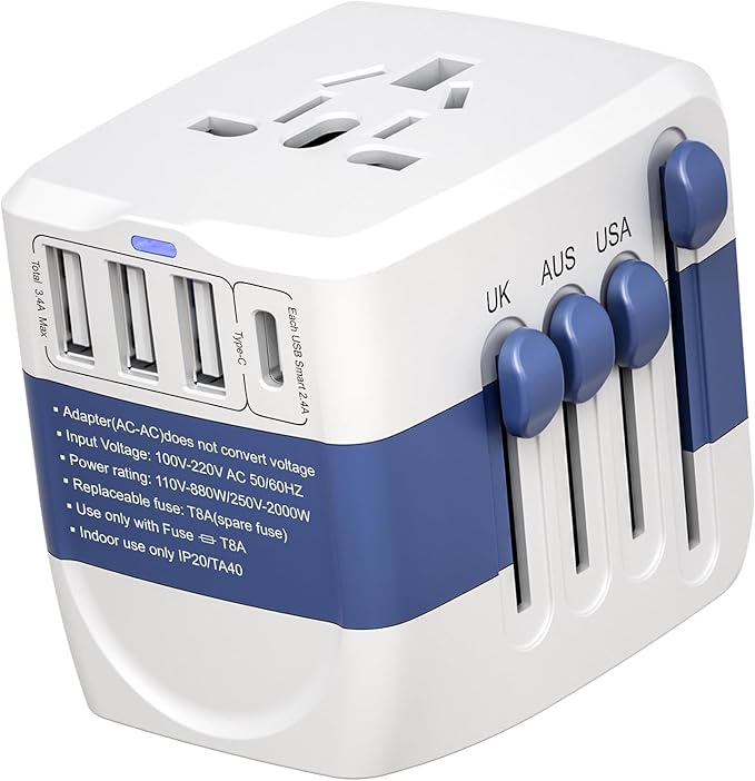 Universal Travel Adapter,International Plug Adapter,WAUDM All in One Universal USB Travel Power Adapter with 3 USB Port and Type-C for Multi-Nation Travel US EU UK Australia