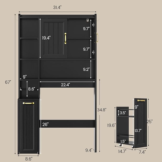 Over The Toilet Storage Cabinet with Pulley, Bathroom Cabinet, Space Saver W/Adjustable Shelf Rack for Bathroom, Restroom, Laundry (Black-Type A)