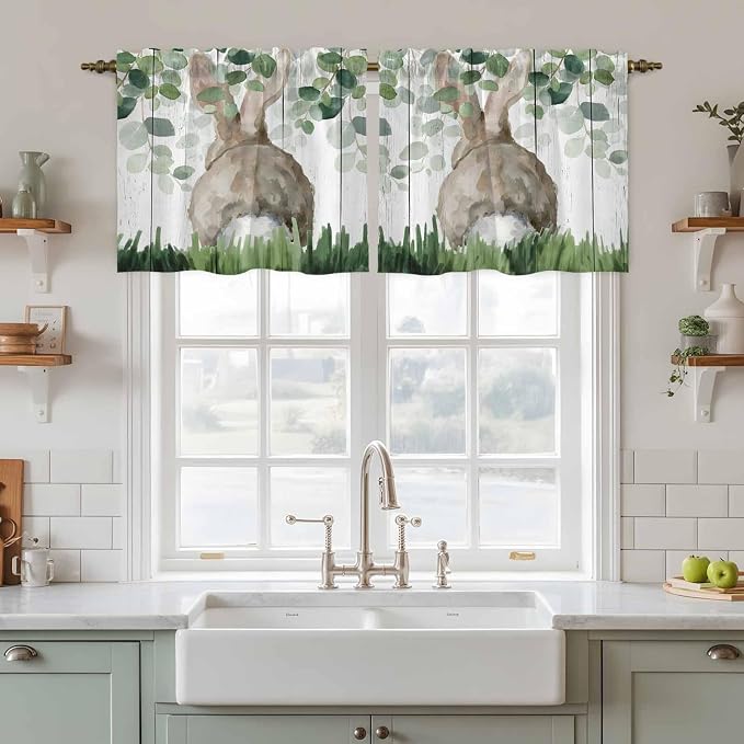 Easter Tier Curtains, Country Rabbit Botanical Leaves Wooden Grain Light