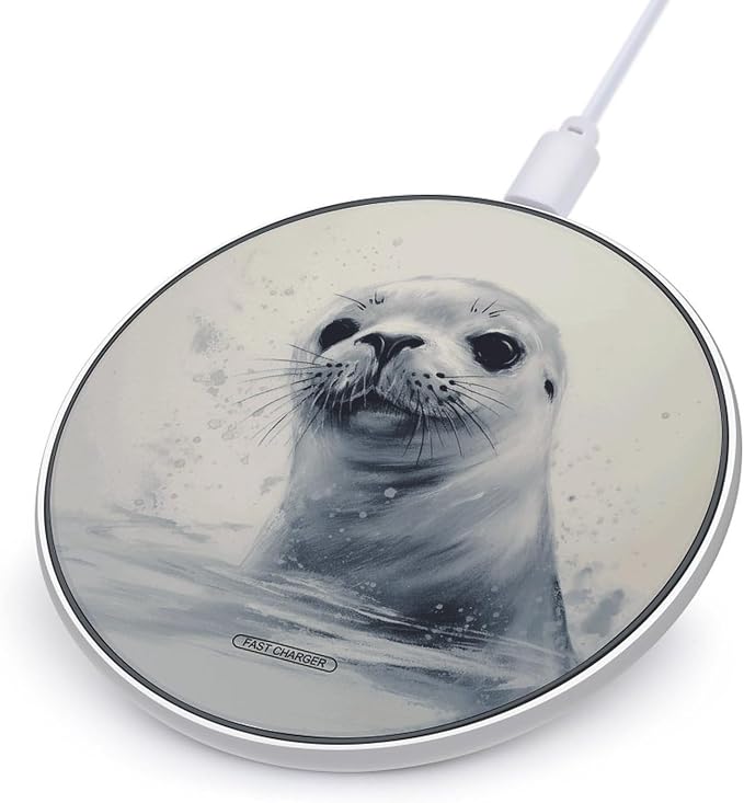 Harp Seal Painting Wireless Charger with Aluminum Alloy Frame Qi Certified Fast Wireless Charging Pad 10W Charging Station Portable Phone Charger for All Wireless Charging Phone