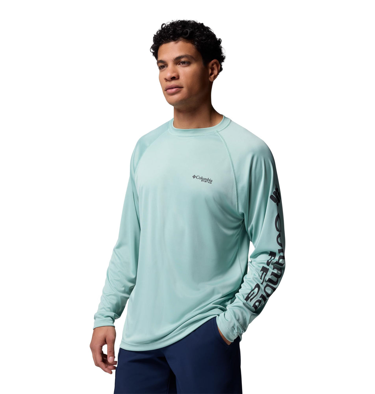 Columbia Men's PFG Terminal Tackle Long Sleeve Fishing Shirt, Misty Jade/Shark Logo, Large Tall
