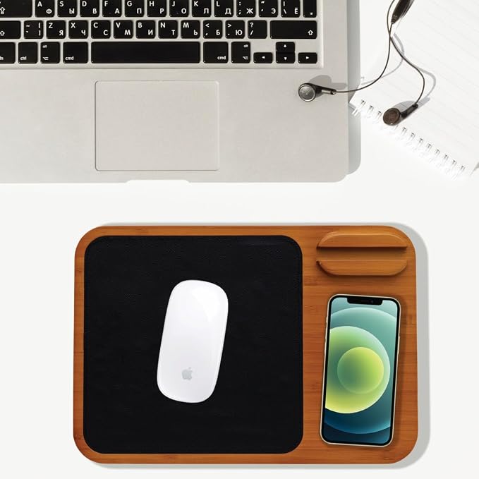 Oliver Gray Mousepad with Wireless Charger - 3-in-1 Wooden Wireless Charging Station &amp Phone Holder Premium Vegan Leather Desk Charger Mat for iPhone Android