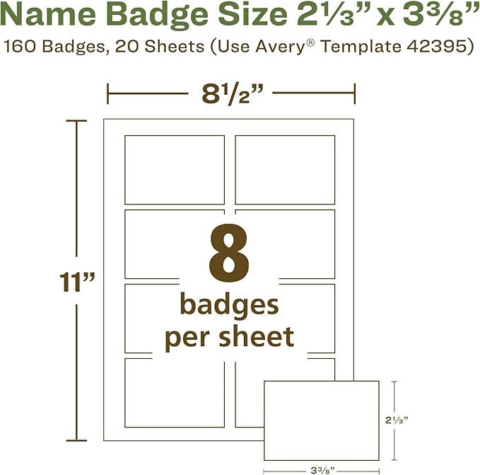 Avery EcoFriendly Recycled Name Tags, 2-1/3" x 3-3/8", White, Removable Adhesive, 160 Printable Name Badges (42395)