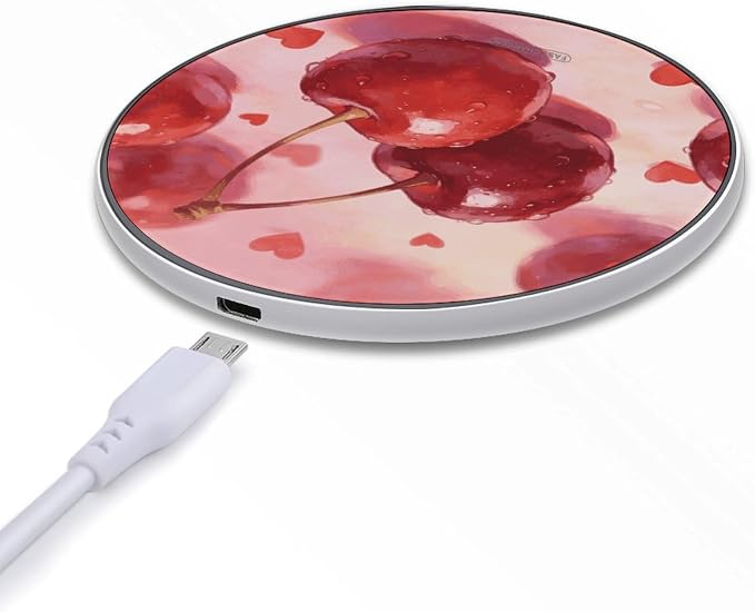 Cherries and Hearts Wireless Charger Aluminum Alloy Frame 10W Fast Charging Pad with Indicator Light 6mm Thin &amp Portable Wireless Charging Pad for Travel Home Office Desk