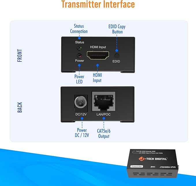 J-Tech Digital HDMI Extender 1080P 60Hz Over Single CAT 5e/6/7 PoC (Power Over Cable) up to 165ft, Deep Color EDID Copy Zero Signal Loss [JTD-HDEX-1PV2]