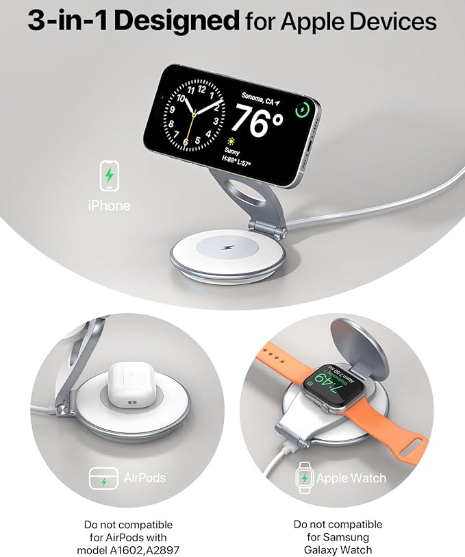EXW Wireless Charging Station for Magsafe, 3 in 1 Foldable Charger for iPhone 16/15/14/13/12 Series, Apple Watch & AirPod (30W Charger Included)
