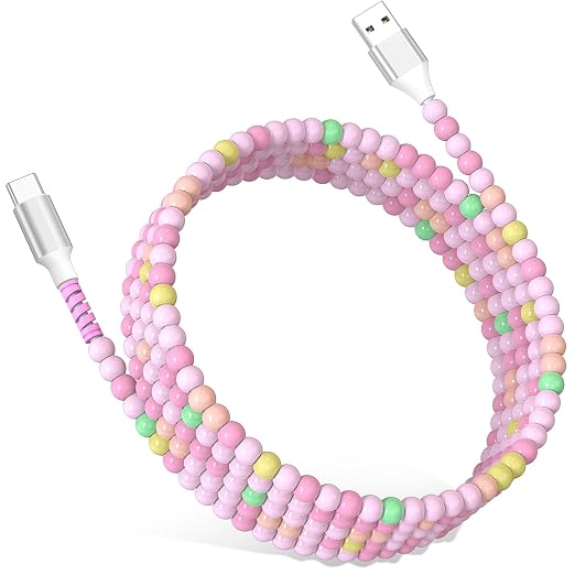 Jelanry 3FT USB-A to USB-C Fast Charging Cable Beaded &ampData Sync Women Girl | Cute kawaii beaded cable for iPhone 17/16/15 Samsung S26/S25/S24 Pixel iPad Fast charge for daily use office &amp tra