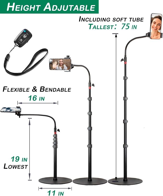 Tall Video Cell Phone Mount with Height Adjustable Stand Heavy Base 360 Head - Compatible with iPhone 16 16 Pro Max 16 Plus 15 14 13