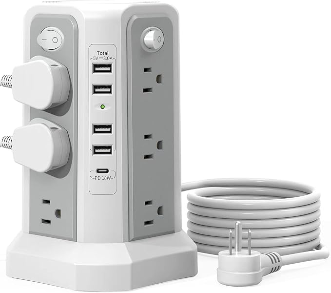 Surge Protector Power Strip Tower with PD18W USB C Port,10FT Extension Cord with 12 AC Mutiple Outlets 5 USB Charging Ports, PASSUS Power Tower Surge Protection for Home Office Dorm Room