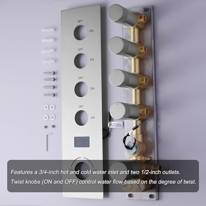 KATAIS Tempreature Display Shower System Brushed Nickel Shower Faucet Set with 12 inch and 8 inch Shower Head, with 6 PCS Body Jet, Handheld Spray