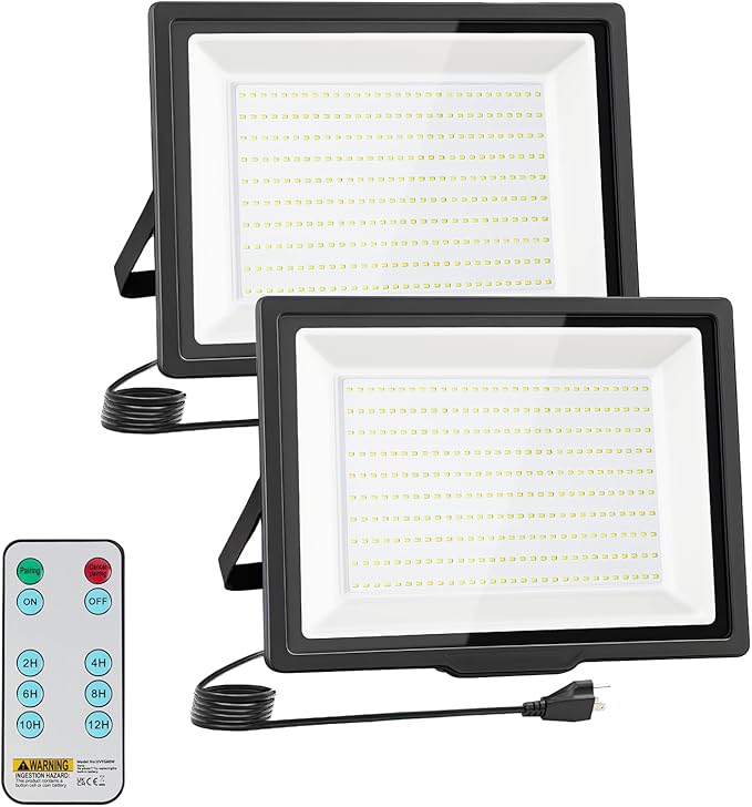 300W Flood Lights Outdoor,27000LM Bright Work Light Plug in,6500K Daylight White LED Flood Light Outdoor, IP66 Waterproof Exterior Floodlight for Yard Garage Stadium 2 Pack