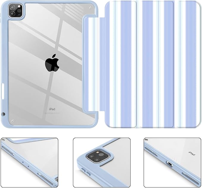 Mektron Case for iPad Pro 11 inch Case M2 2022 Generation 4th Fit 2021 2020 2018 iPad Pro 11 (3rd 2nd &amp 1st Gen) -Buit in Pencil Holder with Shockproof Cover Clear Shell Blue Bows &amp Flower