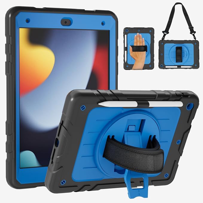 Case for iPad 9th/8th/7th Generation10.2 Shockproof 360 Rotating Stand Shoulder Hand Strap with Pencil Holder for iPad 10.2 inch 2021/2020/2019 Case (Black)