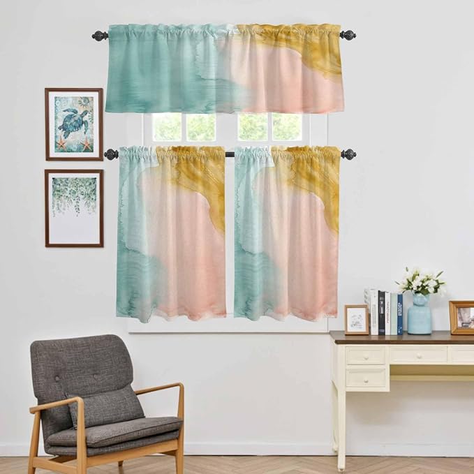 Kitchen Window Curtains Valance and Tier Set, Abstract Desert Mountains Rod