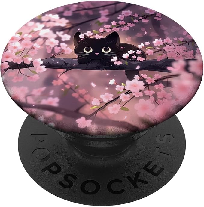 Cute Black Kitten Cat Cherry Blossom Meow Kawaii Anime Cat PopSockets PopGrip for MagSafe