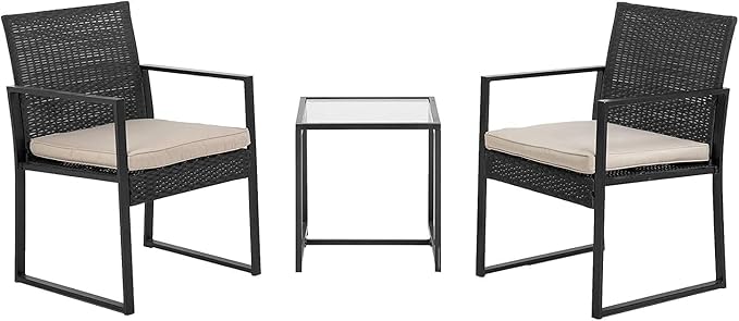FDW 3 Pieces Outdoor Patio Furniture Wicker Bistro Rattan Chair Conversation Sets for Yard Lawn Balcony Poolside Backyard,Black
