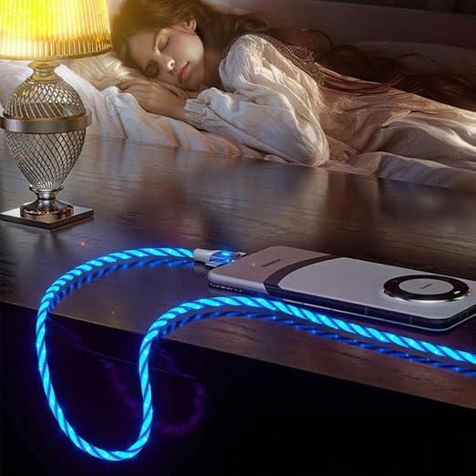 IHAO Multi Ports Light-Up USB Cable USBA to USBC/MicroUSB Cable Durable Fast Charging Cable with Visible Current Flow As Night Light Use-3in1 Blue