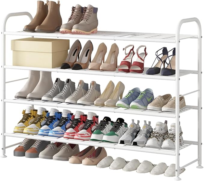 LINZINAR Shoe Rack Long 4 Tier Shoe Storage Organizer Metal Wide Shoe Shelf for Closet Entryway Bedroom 30 Paris Large Capacity, White
