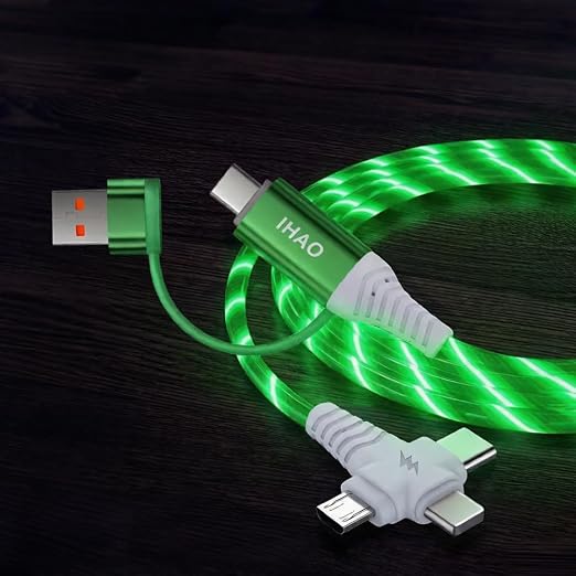 IHAO Multi Ports Light-Up USB Cable USBA to USBC/MicroUSB Cable Durable Fast Charging Cable with Visible Current Flow As Night Light Use-3in1 Blue