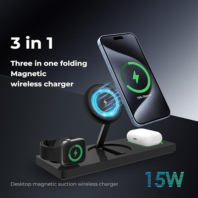 Wireless Charger Station 3 in 1, Fast Charging for iPhone 15/14/13/12 Pro/Max/Mini/Plus, Apple Watch 8/7/6/SE/5/4/3/2, AirPods 3/2/Pro/Pro 2, with Adapter (Black)