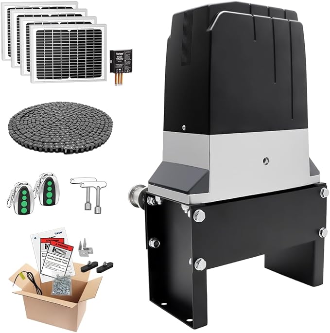 TOPENS DKC2000S Solar Sliding Gate Opener Chain Drive Automatic Gate Motor for Heavy Driveway Slide Gates Up to 4400 Pounds, Electric Gate Operator Battery Powered with Solar Panel Remote Control Kit