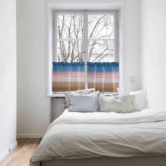 Blue Pink Brown Gradient Wood Grain Window Valance Curtains, Vintage Wood Board