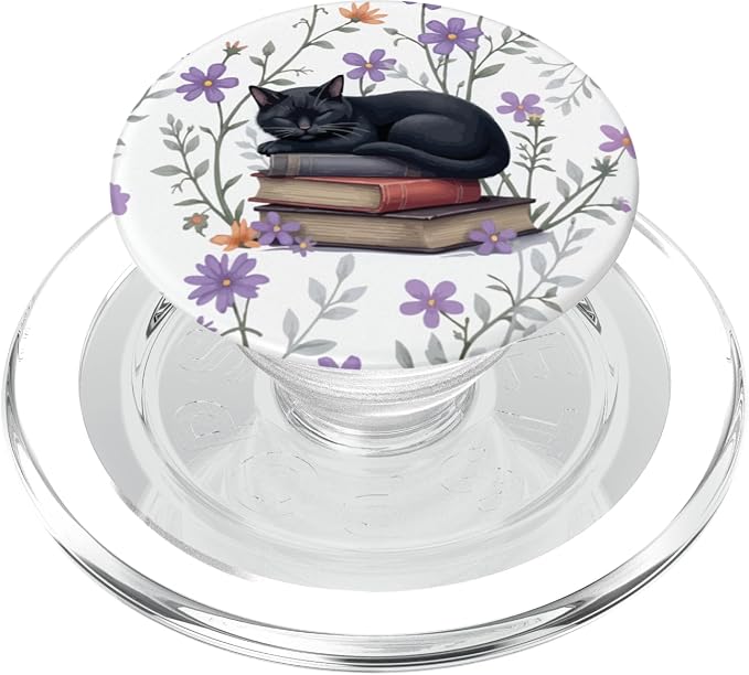 Reading Cat Purple Flower Floral Book Lover Librarian PopSockets PopGrip for MagSafe