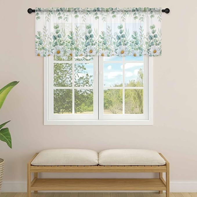 Eucalyptus Leaves Daisy Sheer Valance Curtains, Summer Farmhouses Flower Light