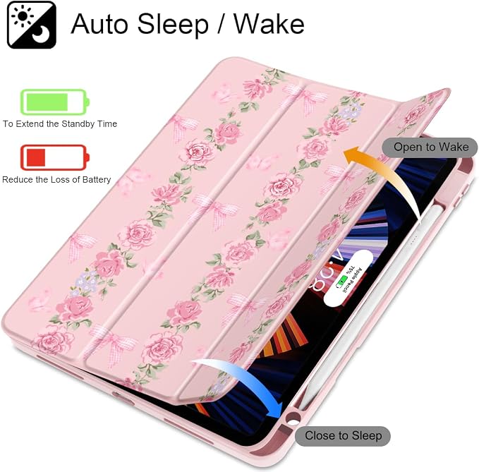 May Chen Case for iPad 12.9 Inch (6th/5th/4th/3rd Generation 2022/2021/2020/2018) Pencel Holder + Trifold Support Auto Sleep/Wake Transparent Shockproof Back Cover Blue Bows
