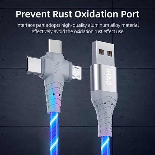 IHAO Multi Ports Light-Up USB Cable USBA to USBC/MicroUSB Cable Durable Fast Charging Cable with Visible Current Flow As Night Light Use-3in1 Blue