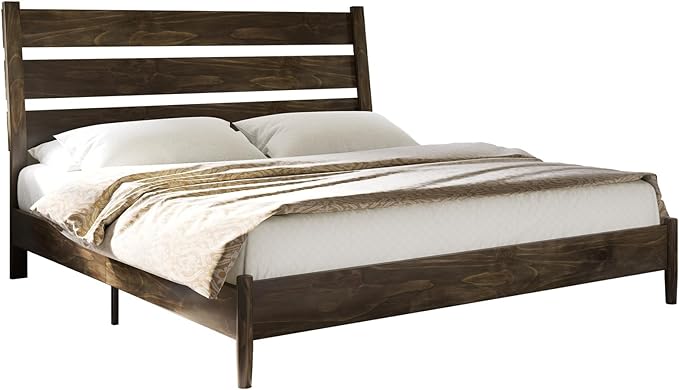 VanAcc Solid Wood King Bed Frame, Platform Bed with Reclining Slatted Headboard, Mid Century with Wood Slat Support, Dark Brown