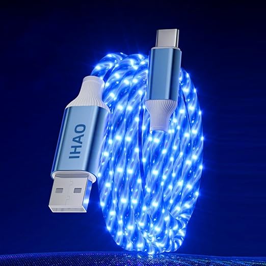 IHAO Multi Ports Light-Up USB Cable USBA to USBC/MicroUSB Cable Durable Fast Charging Cable with Visible Current Flow As Night Light Use-3in1 Blue