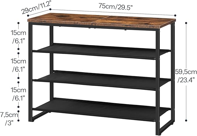 HOOBRO Shoe Rack, 4 Tier Shoe Storage Organizer with 3 Oxford Fabric Shelves and Top Panel, Holds 12-16 Pairs of Shoes for Entryway and Closet, Industrial, Rustic Brown BF47XJ01G1
