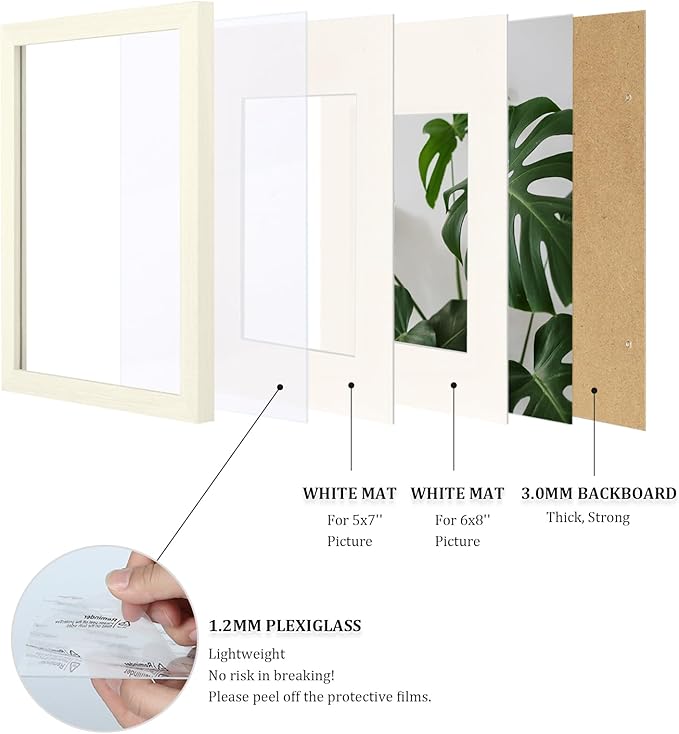 Egofine 8x12 Picture Frame Made of Solid Wood with Plexiglass, Display Pictures 5x7/6x8 with Mat or 8x12 Without Mat for Tabletop and Wall Mounting, Beige