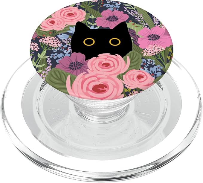 Black Cat Hiding in Garden Flowers Cute Floral Pattern PopSockets Adhesive PopGrip