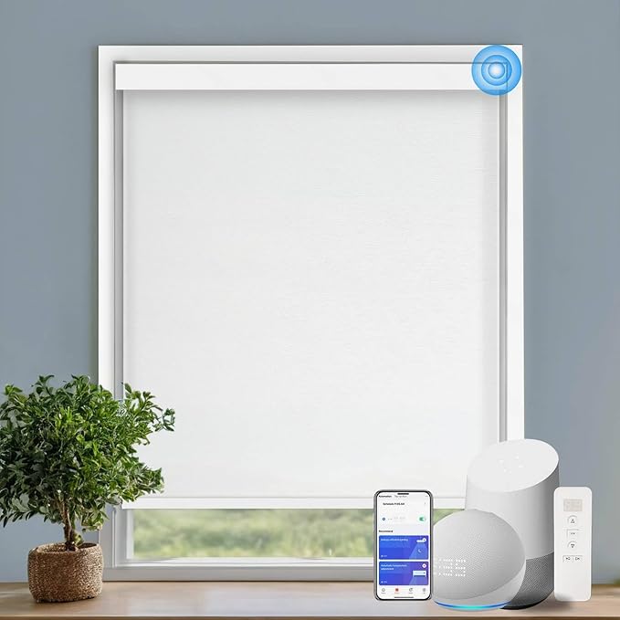 COOLWINDS Motorized Blinds with Remote Cordless Automatic Motorized Shades Custom Blinds for Windows Smart Curtains Compatible with Alexa Google Home(Light Filtering Jacquard White,W64 x H72in)