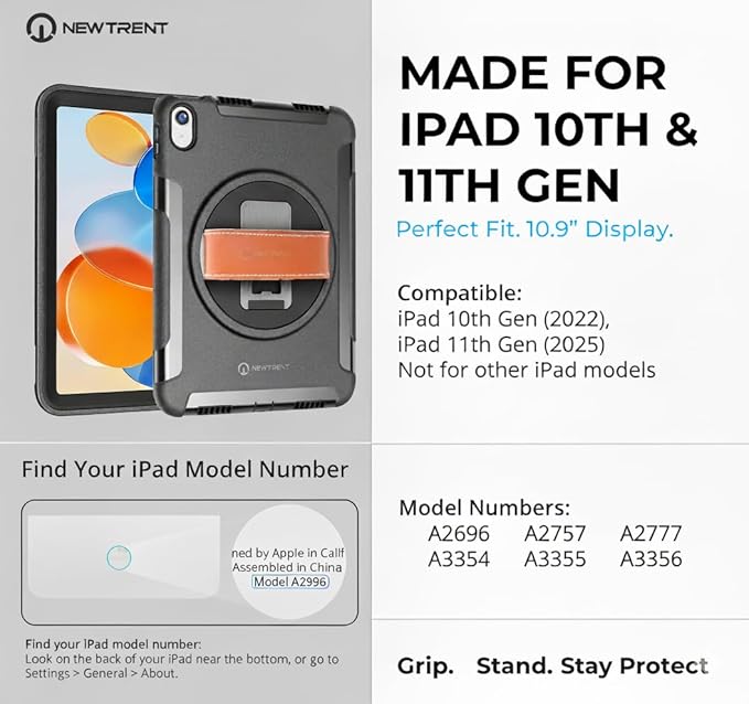 New Trent Original Rugged Case for iPad 11 (A16) 11-inch (2025) &amp iPad 10th Gen 10.9-inch (2022) | 360° Rotating Kickstand Genuine Leather Hand Strap Built-in Screen Protector Heavy-Duty Protec