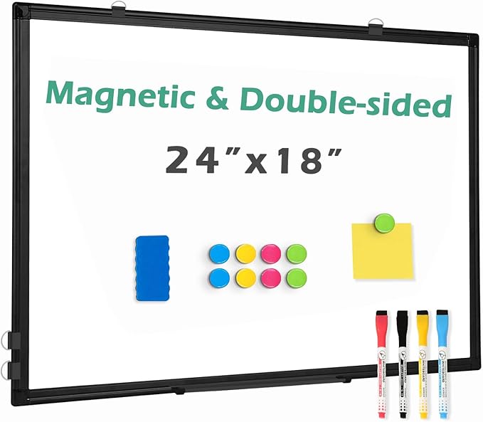 Double Sided Magnetic White Board, 24"x18" Dry Erase Whiteboard for Wall with Aluminum Frame Presentation Board for School, Office and Home
