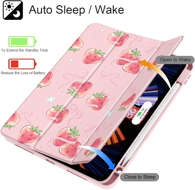 May Chen Case for iPad 12.9 Inch (6th/5th/4th/3rd Generation 2022/2021/2020/2018) Pencel Holder + Trifold Support Auto Sleep/Wake Transparent Shockproof Back Cover Blue Bows