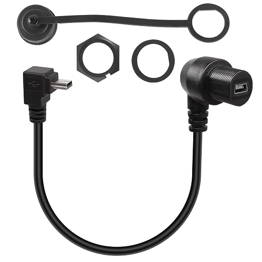 QIANRENON 90 Degree Angle Mini USB Panel Flush Waterproof Extension Cable Mini USB 5 Pin Right Angle Male to Female Panel Mount Cable Threaded to Dashboard or Panel28cm/11in (Down Bend)